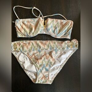 NWOT Shoshanna Zigzag Chevron Bikini Beige, Blue & Green Gold L & M/L C Y2K